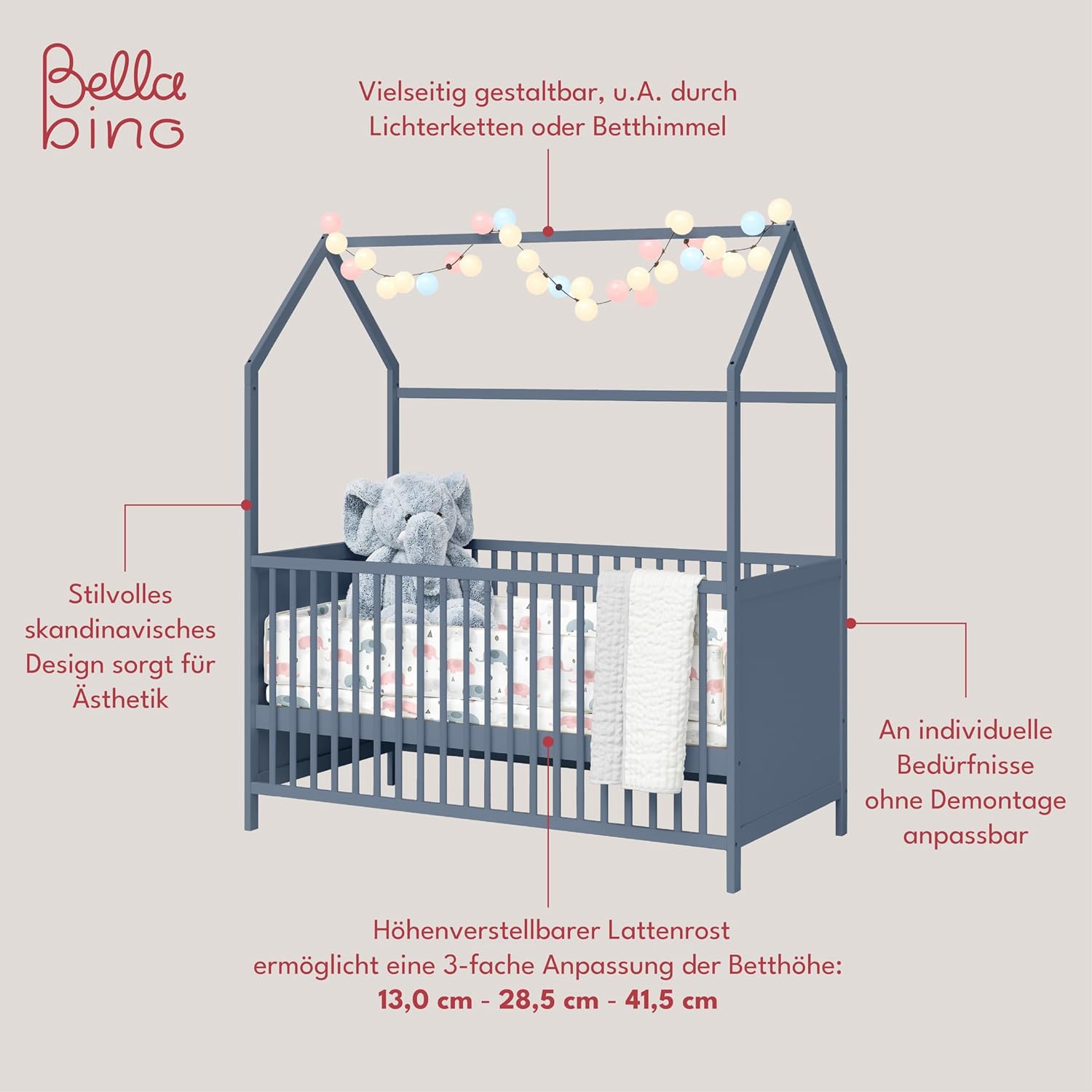 Bellabino Nika Lettino a capanna 70 x 140 cm, letto con sbarre e lettino a capanna per bambini e neonati in pino massiccio bianco, regolabile in altezza su 3 posizioni, incl. rete a doghe