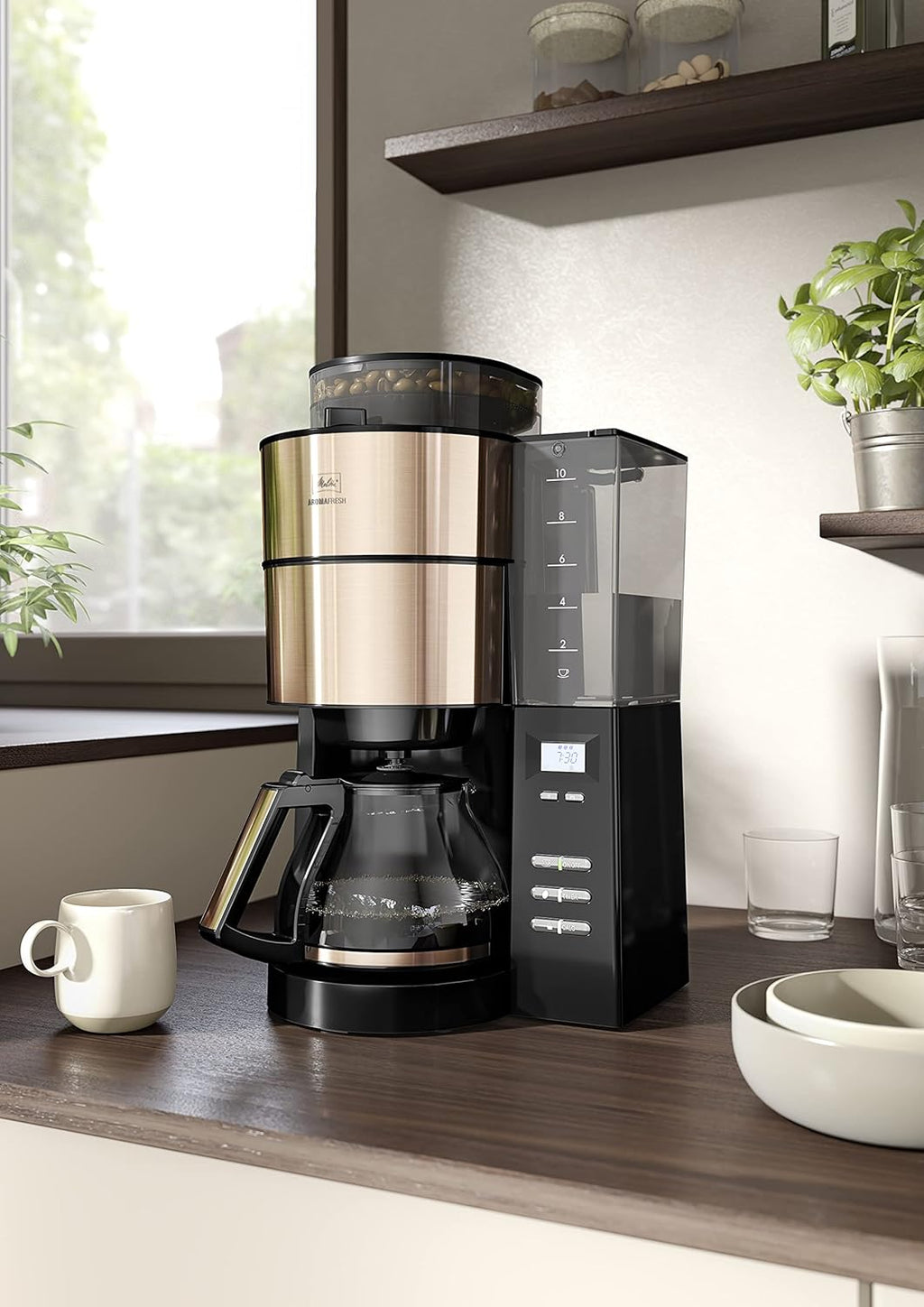 Melitta AromaFresh - Macchina da caffè con filtro - con caraffa in vetro - macinacaffè integrato - funzione timer - 10 tazze - Pure Black