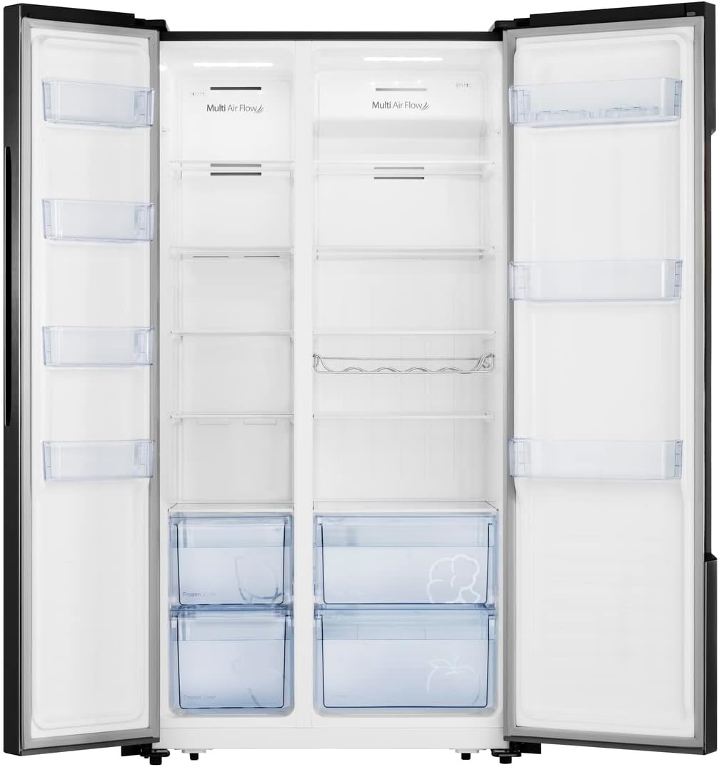 Hisense RS677N4BFD Frigorifero Americano Side by Side / Compressore Inverter / Porta Bottiglie / 2 FreshZone / Vano Verdure / Capacità Frigo 334 L / Capacità Congelatore 185 L / 41 dB / 247 kWh all'anno, Nero