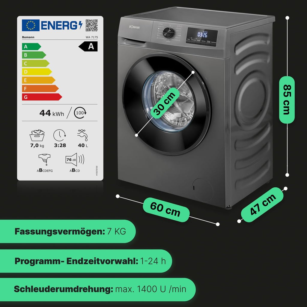 Lavatrice Bomann 7kg | max. 1400 giri/min | 10 anni di garanzia sul motore | Motore inverter efficiente, silenzioso e durevole | 15 programmi | Programmazione fine ciclo | Display LED | WA 7175 bianca