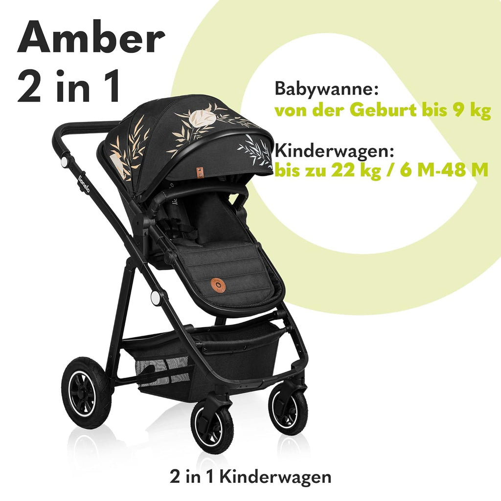 LIONELO Amber Kinderwagen 2 in 1 Kombikinderwagen, Kinderwagen Set mit sportlichen Sitz und fester Babywanne, Tasche, Moskitonetz, Abdeckung Regenblatt (Graphit)