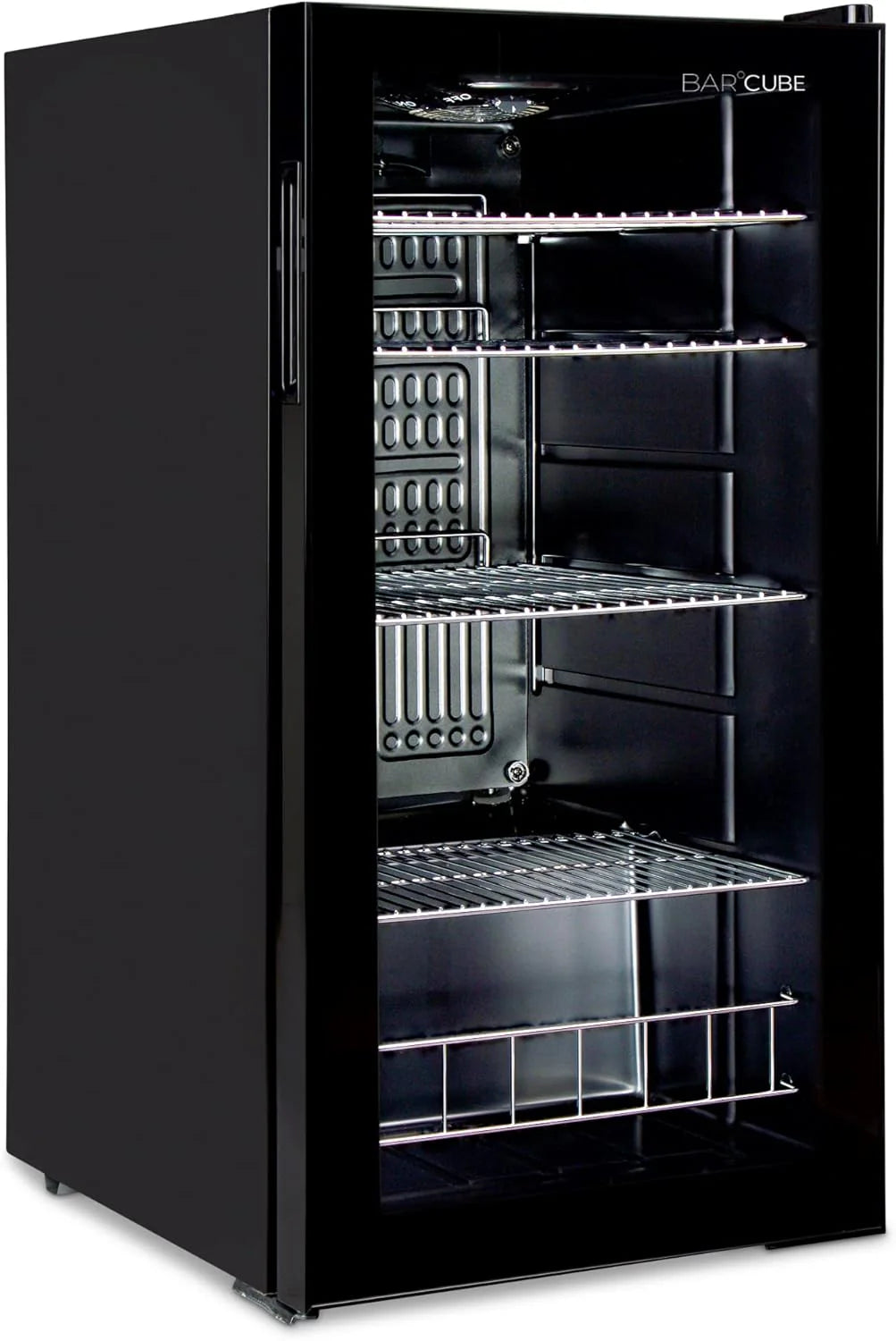 °CUBES Frigorifero per bevande 90L con porta in vetro e 4 ripiani regolabili | Frigorifero compatto per bottiglie, perfetto per casa, ufficio, feste e ristorazione | Elegante frigorifero con porta in vetro, nero
