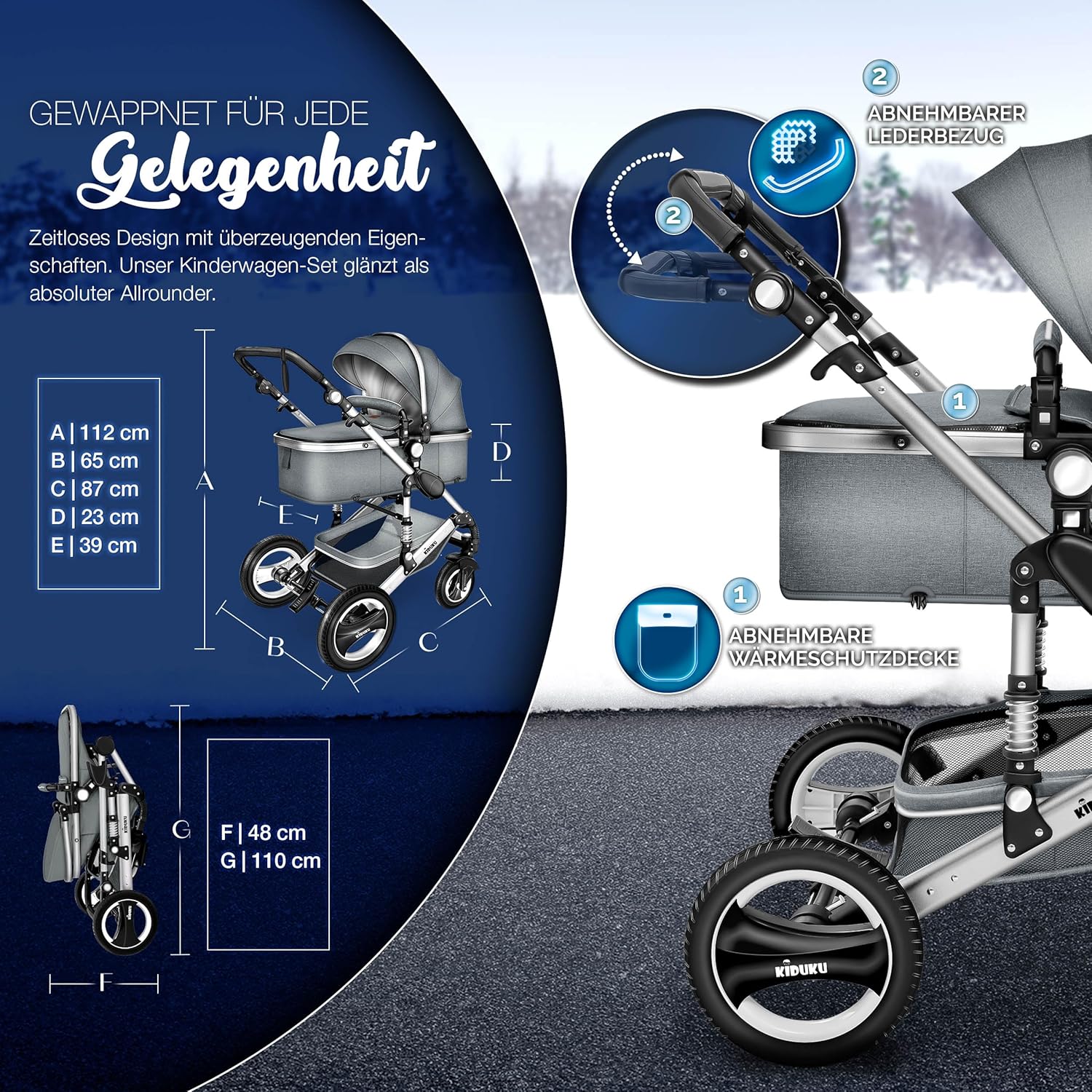 KIDUKU® Set completo passeggino 3 in 1 | Set passeggino combinato con navicella e sedile sportivo passeggino e seggiolino auto ovetto sacco a pelo | Ruote in gomma piena borsa per il cambio scaldamani parapioggia tavolino ECE R129