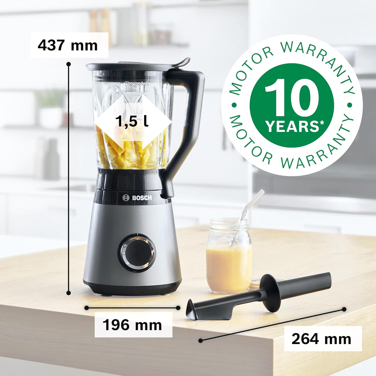 Bosch Standmixer VitaPower Serie 4 MMB6172SN, verbesserte Version, 10 Jahre Motorgarantie, Edelstahl-Klingen, 1,5l Glasbehlter, spülmaschinenfeste Teile, 30,000 U/min, 1200 W, silber