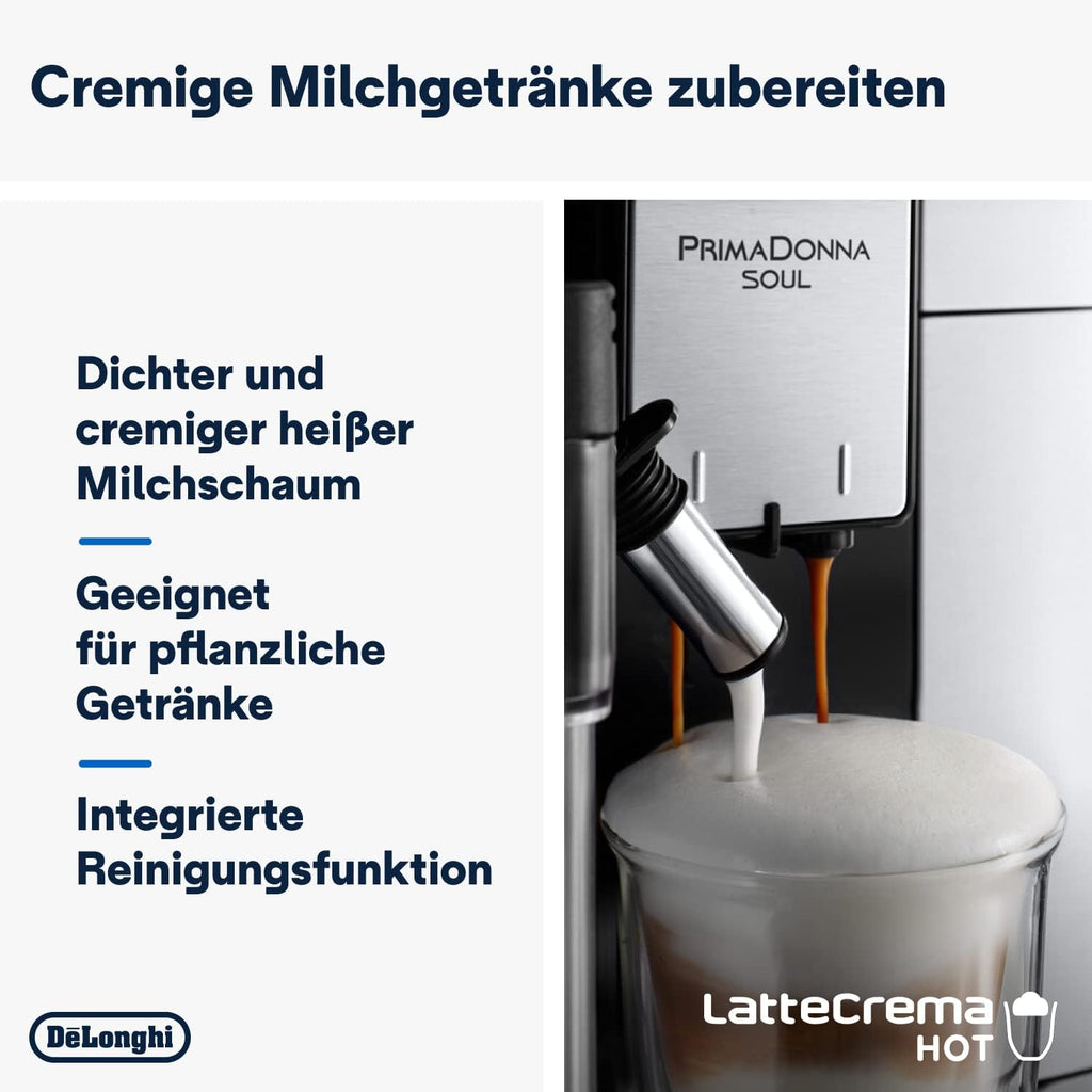 De'Longhi PrimaDonna Soul Perfetto ECAM 612.55.SB Macchina da caffè automatica con sistema LatteCrema e tecnologia Bean Adapt, 18 ricette, con display a colori e controllo tramite app, Argento/Nero