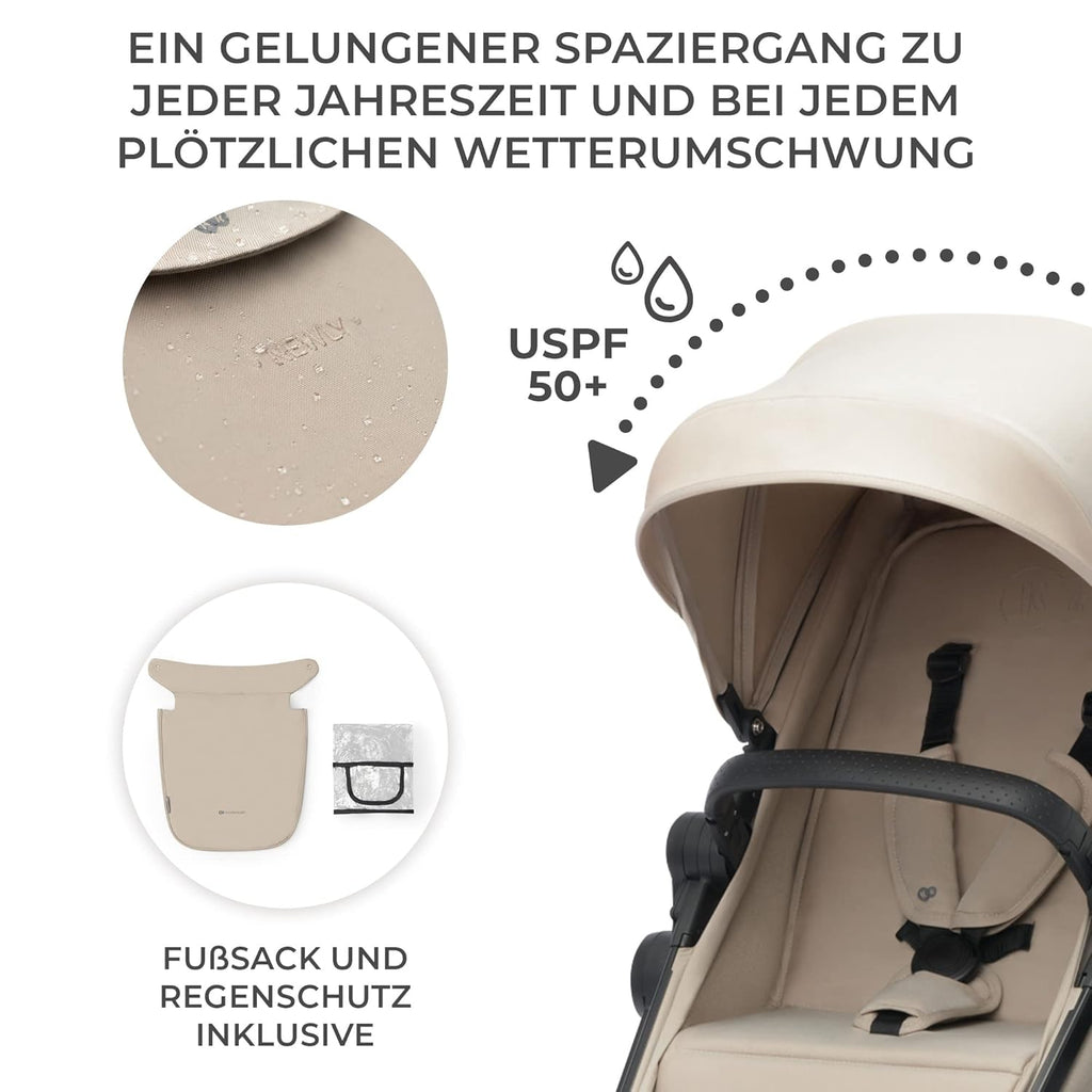 Kinderkraft NEWLY Kinderwagen 3 in 1, Komplettset bis 22 kg, Kindersitz I-Size 40-75 cm im set, Kombikinderwagen mit Fußsack, wasserfestes Verdeck mit UPF50+, Zusammenklappen, Liegeposition, Beige