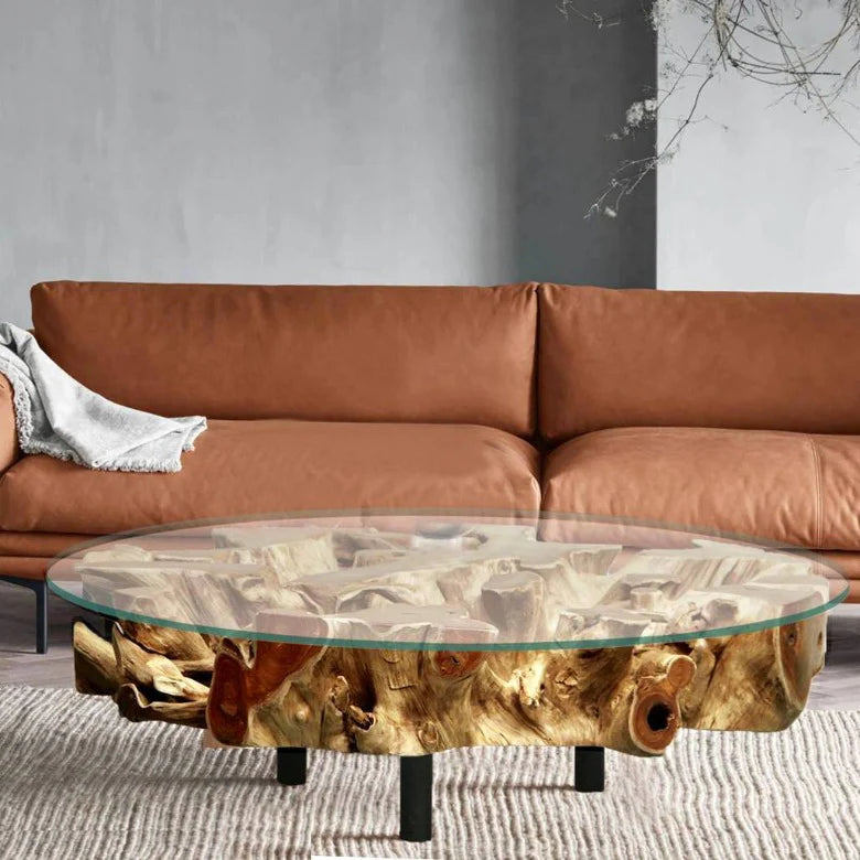 Tavolino NAGA in radice incl. piano in vetro 100 cm su gambe in acciaio