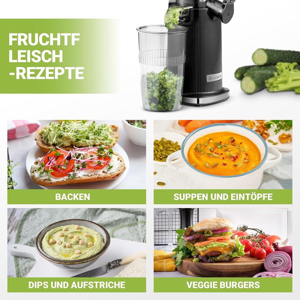 AOBOSI - Mini centrifuga a freddo con funzione masticazione inversa, spremiagrumi elettrico con spazzola e 2 tazze, multifunzione per frutta (nero, 45 mm)