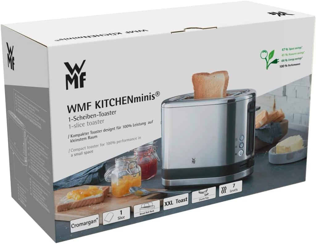 WMF Küchenminis 1-Scheiben Toaster Langschlitz XXl-Toast, Mini Toaster mit Brtchenaufsatz 7 Brunungsstufen berhitzungsschutz 600W Edelstahl matt