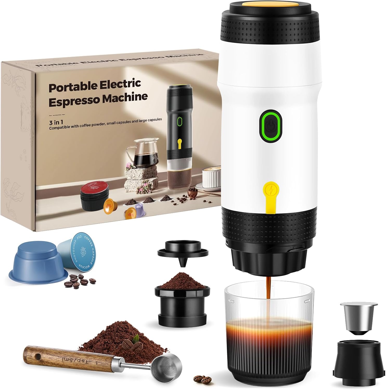 ICARE Macchina da Caffè Espresso Portatile 3-in-1, Pressione 20BAR, Estrazione a Caldo 92°C, 7500mAh, Ricarica USB/Auto, Compatibile con Capsule e Polvere di Caffè, Bianco