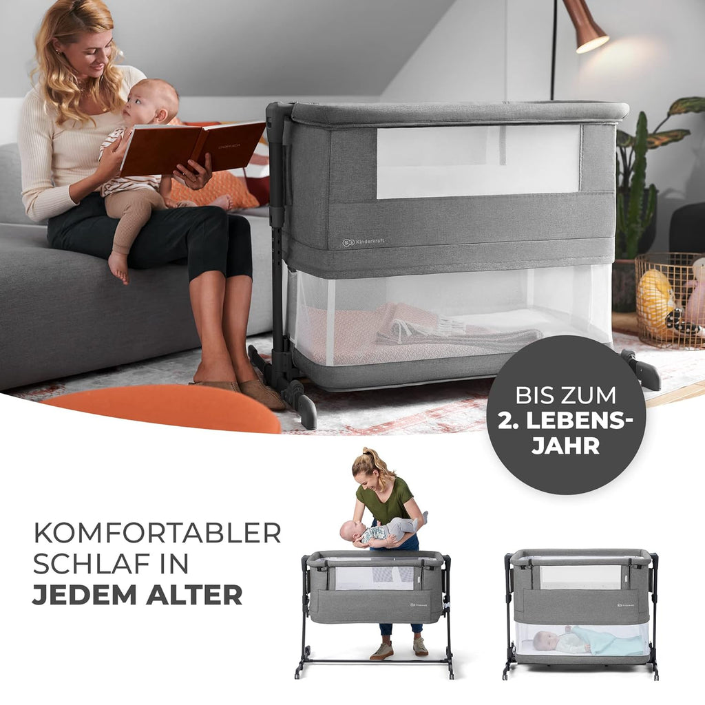 Kinderkraft NESTE GROW Lettino 3 in 1, Lettino da affiancare, Lettino da neonato dalla nascita fino a 2 anni, con materasso, borsa per il trasporto, ruote, regolazione dell'altezza a 5 livelli, angolo del materasso regolabile, Beige
