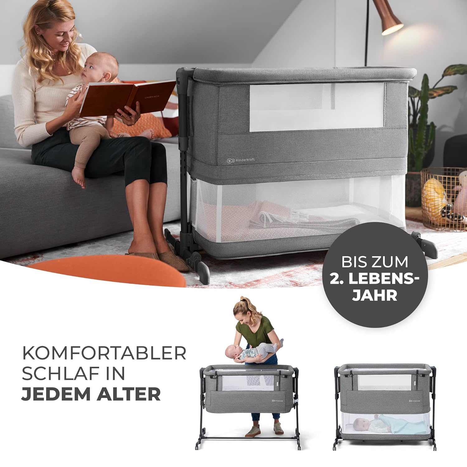 Kinderkraft NESTE GROW Lettino 3 in 1, Lettino da affiancare, Lettino da neonato dalla nascita fino a 2 anni, con materasso, borsa per il trasporto, ruote, regolazione dell'altezza a 5 livelli, angolo del materasso regolabile, Beige