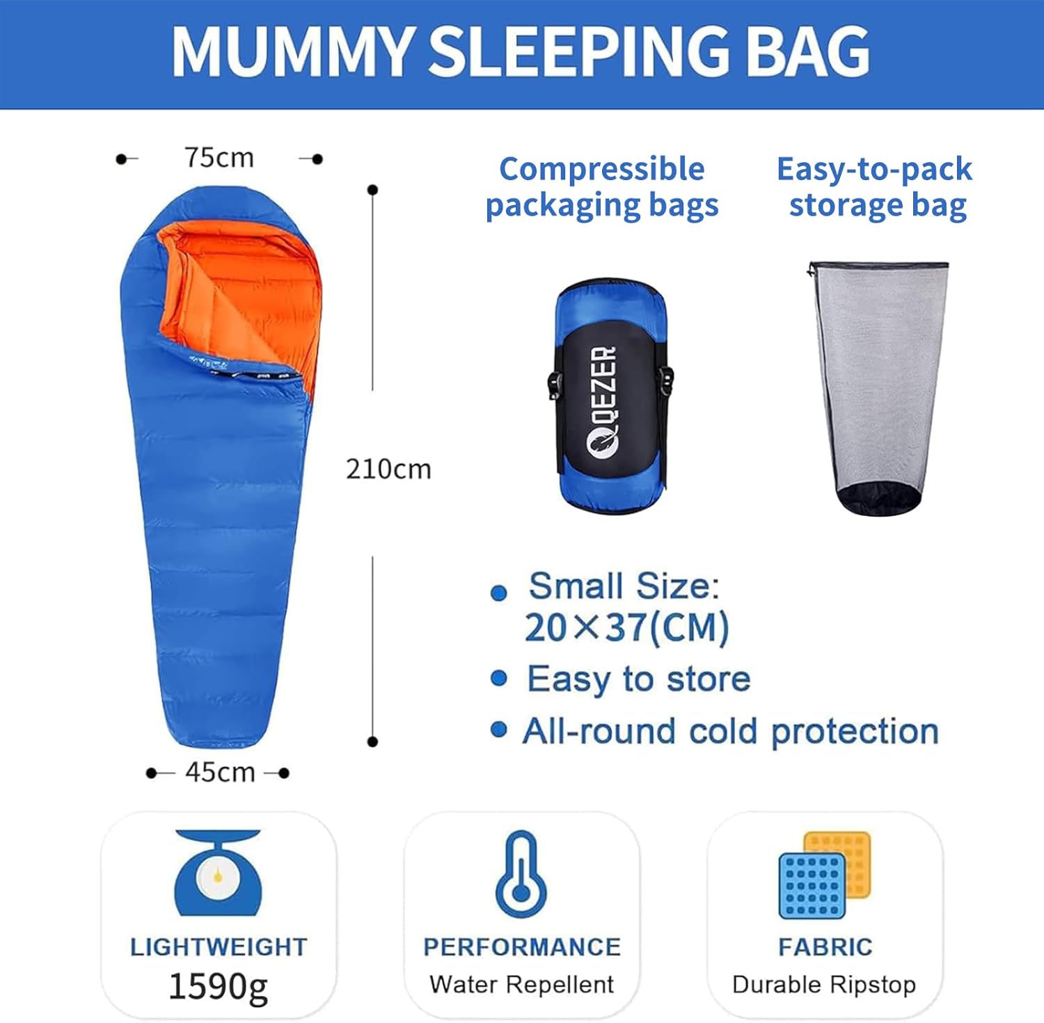 QEZER Daunenschlafsack Warmer Winter Schlafsack Outdoor -8°C bis -23°C 4 Jahreszeiten Mumienschlafsack für Erwachsener und Jugendliche Camping Outdoor und Indoor