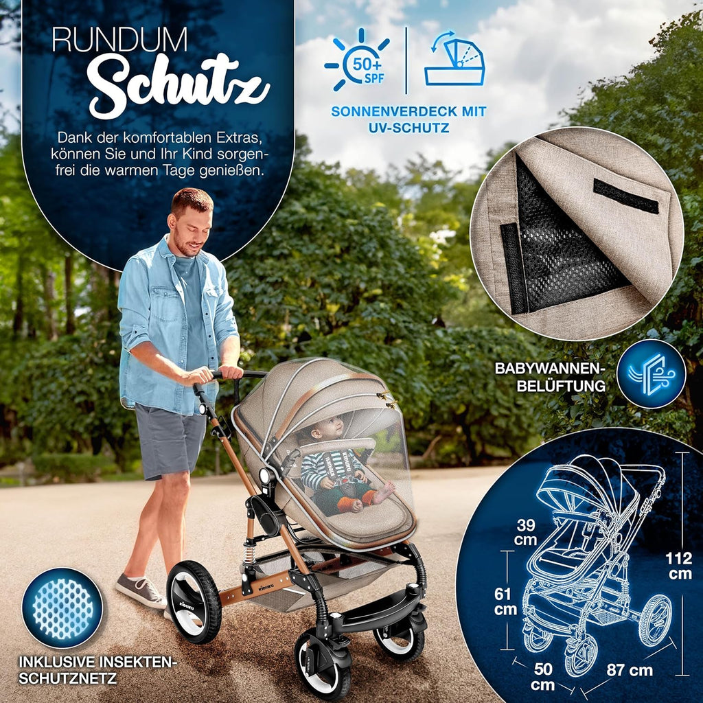 KIDUKU® Set completo passeggino 3 in 1 | Set passeggino combinato con navicella e sedile sportivo passeggino e seggiolino auto ovetto sacco a pelo | Ruote in gomma piena borsa per il cambio scaldamani parapioggia tavolino ECE R129