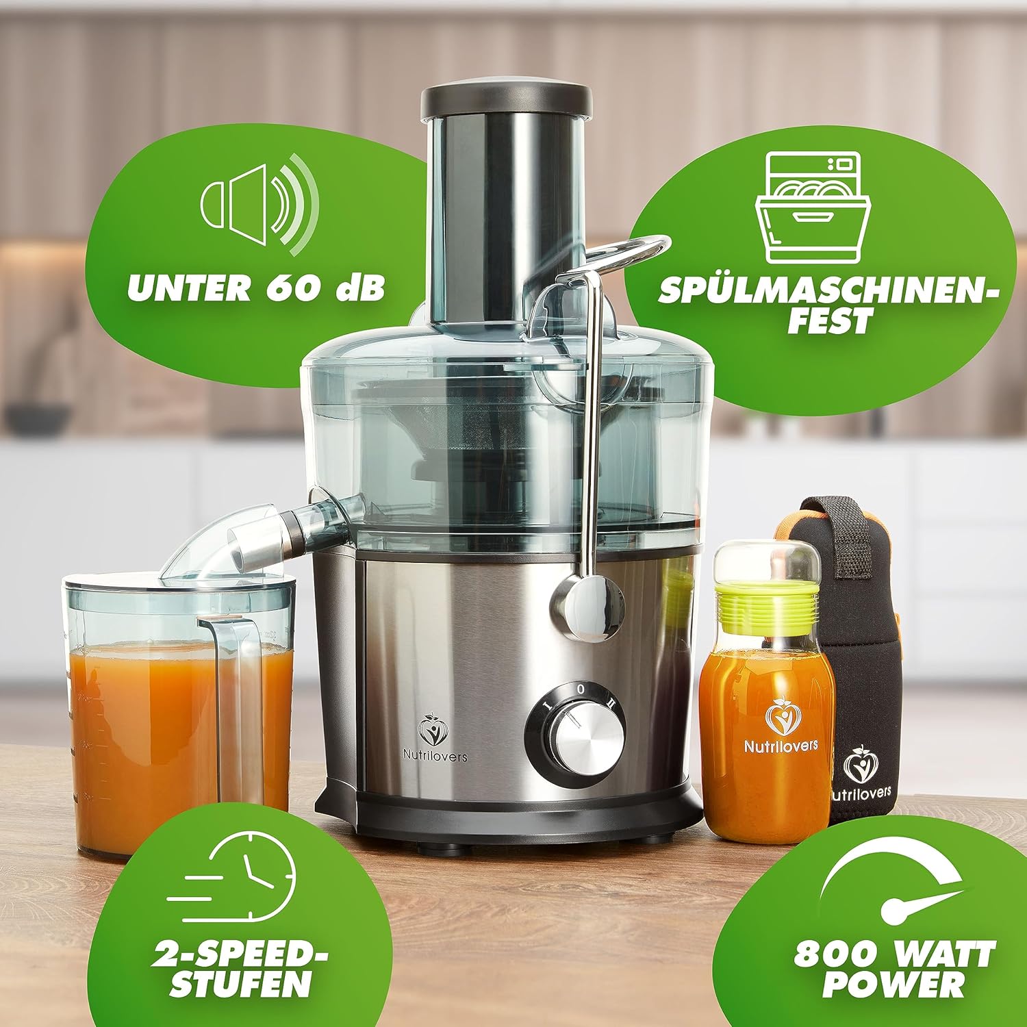 Nutrilovers *Vincitore del test* QUICK-JUICER Centrifuga in acciaio inox per frutta e verdura I Imboccatura XXL per spremere frutta intera, 800W, 2 velocità, senza BPA incl. borraccia + libro di ricette e app