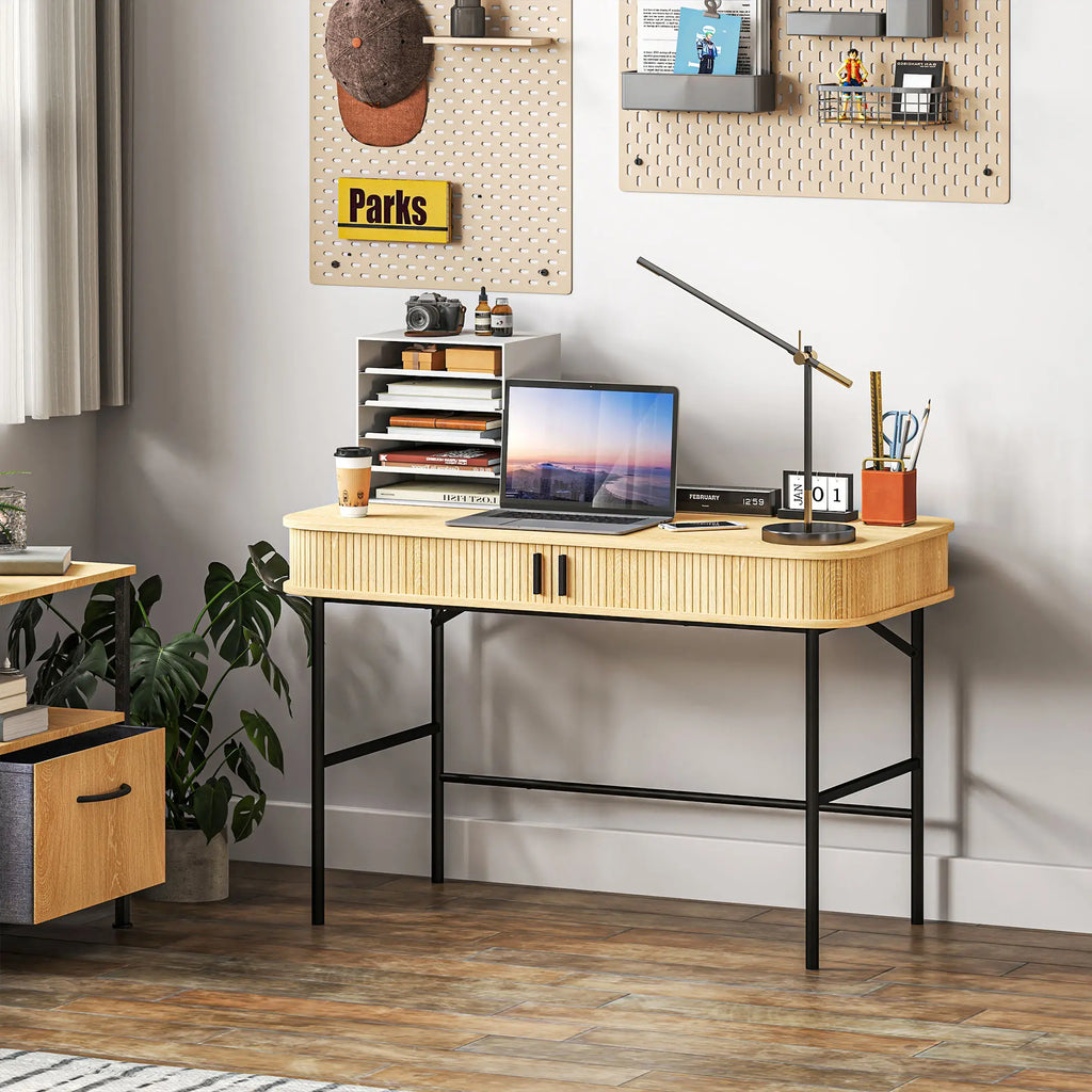 HOMCOM Scrivania con Vano Contenitore Decorazione a Lamelle Rovere