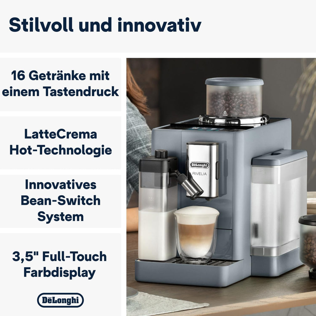 De'Longhi Rivelia EXAM440.55.W Macchina da Caffè Automatica con Sistema LatteCrema, Contenitore chicchi intercambiabile, 16 bevande caffè e latte con un solo tocco, Funzione Extra Shot, Display Touch da 3,5 pollici, Bianco