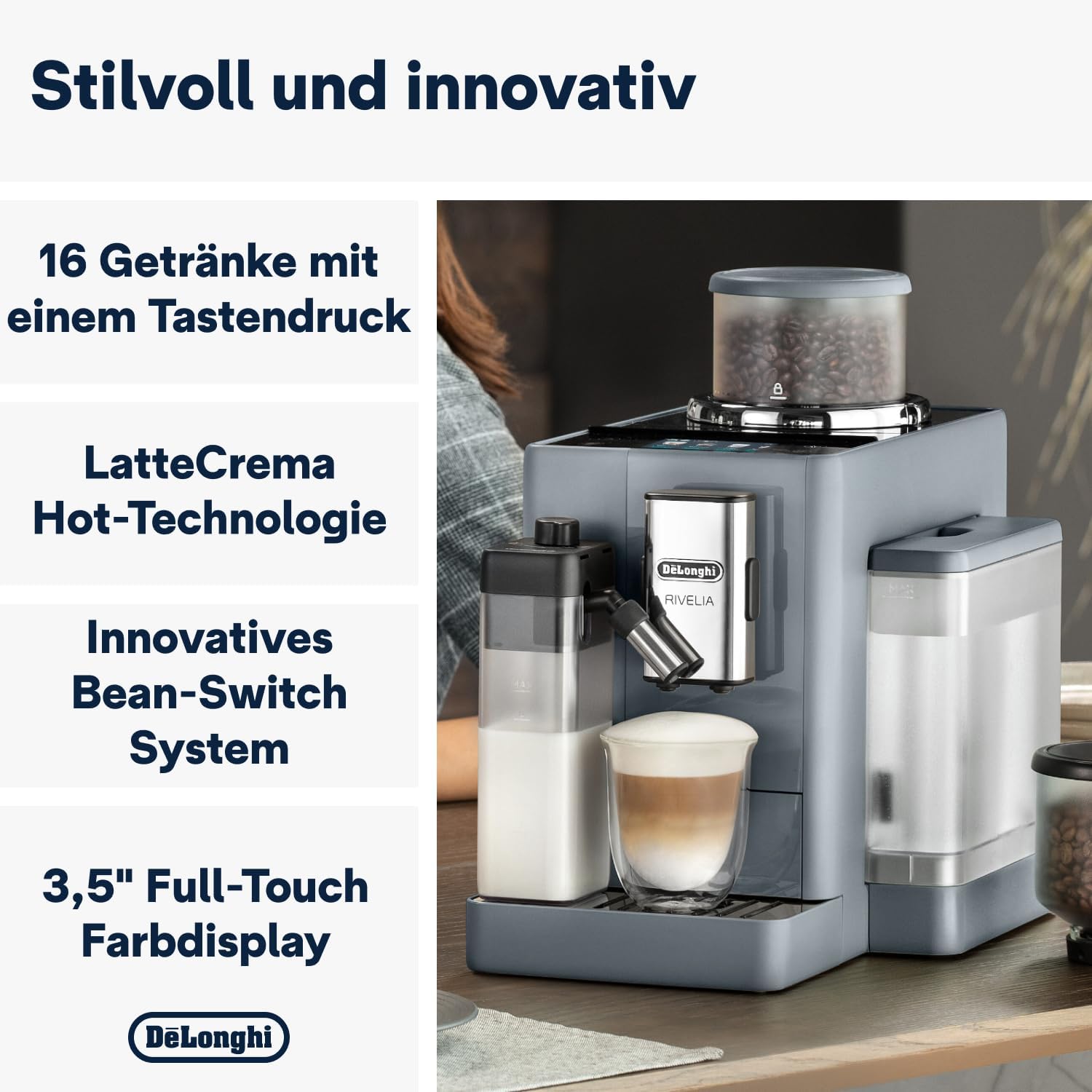 De'Longhi Rivelia EXAM440.55.W Macchina da Caffè Automatica con Sistema LatteCrema, Contenitore chicchi intercambiabile, 16 bevande caffè e latte con un solo tocco, Funzione Extra Shot, Display Touch da 3,5 pollici, Bianco