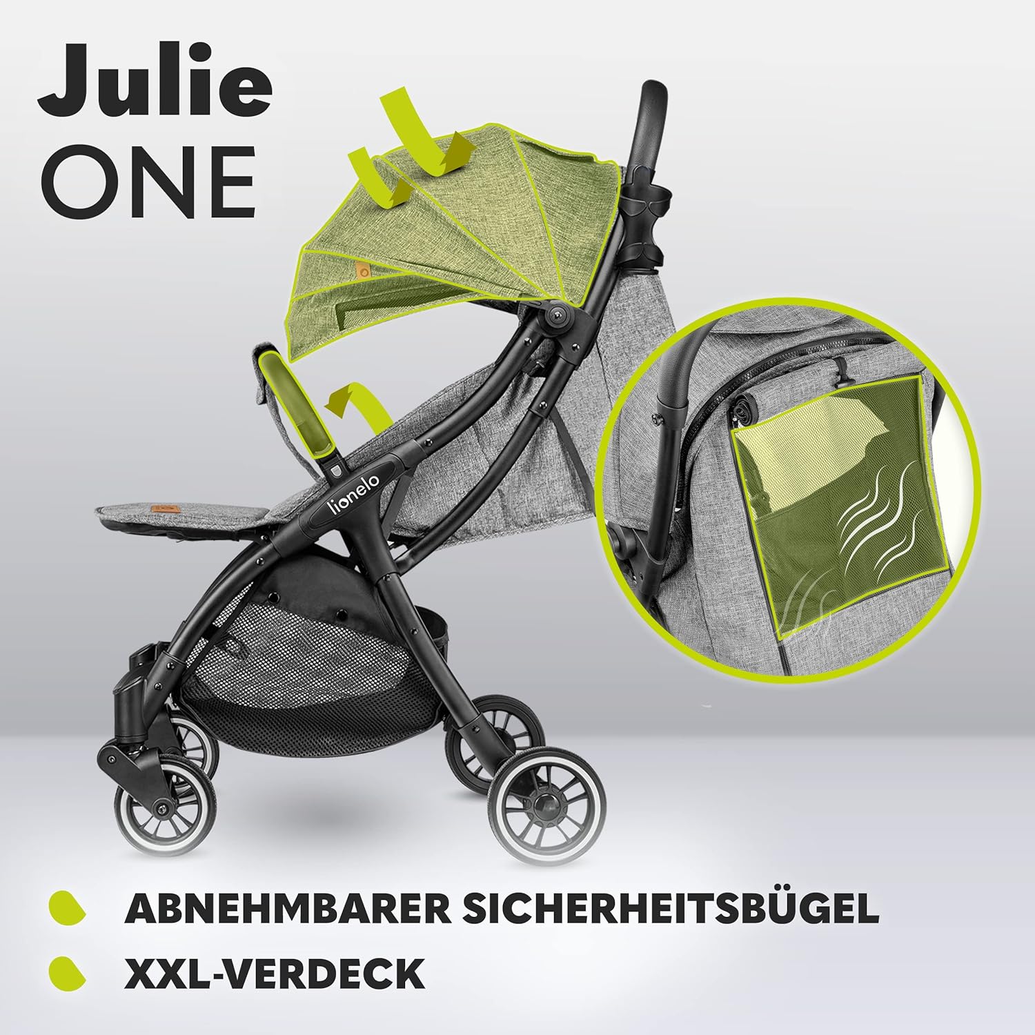 LIONELO Julie One Passeggino da 0 a 22 kg, schienale e poggiagambe regolabili, zanzariera, coprigambe, portabicchieri e borsa da trasporto, pieghevole