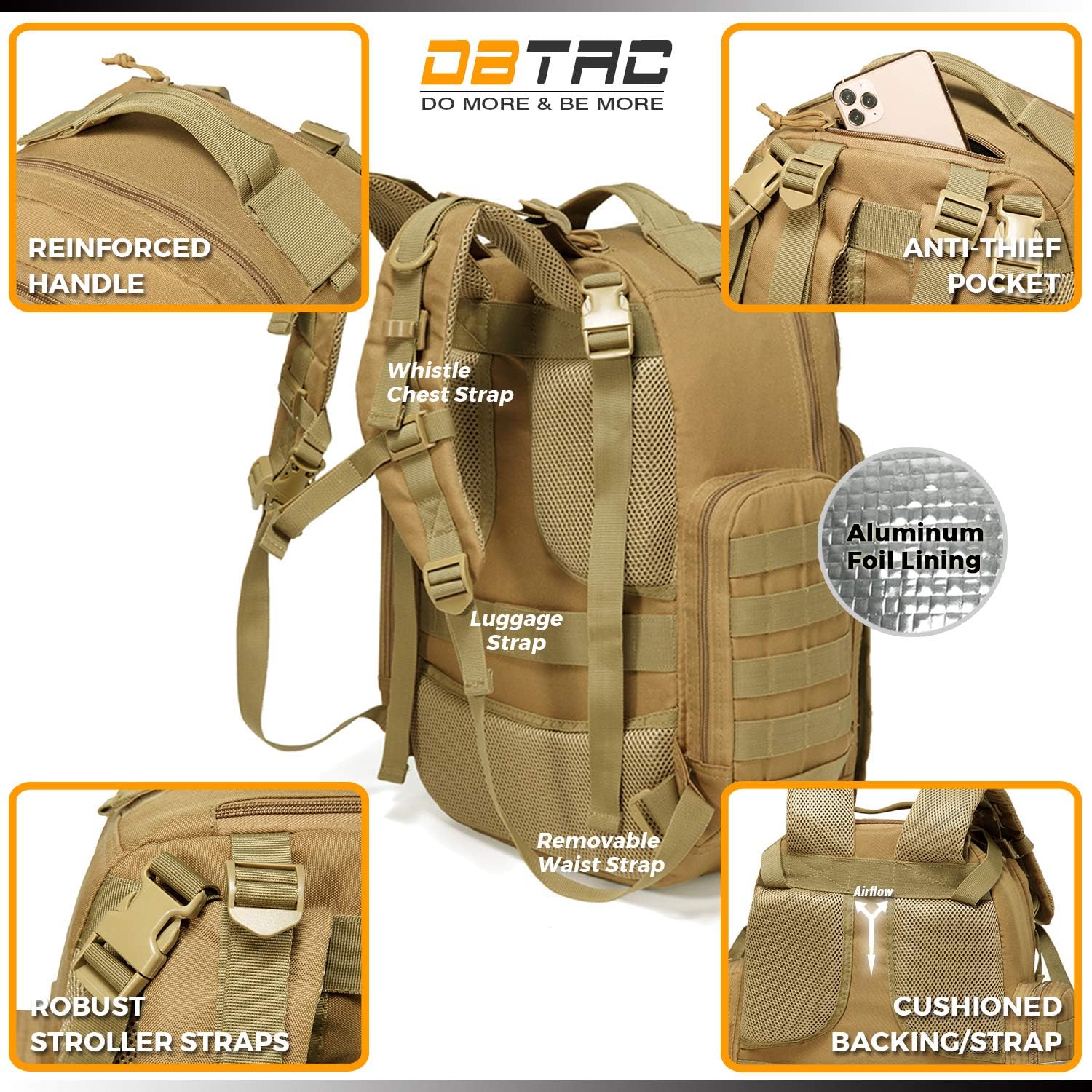 DBTAC Zaino Fasciatoio per Papà, Borsa Fasciatoio Grande per Uomini con Materassino per il Cambio, Tasche Isolate + Lavabili, Cinghie per Passeggino, Marrone Chiaro