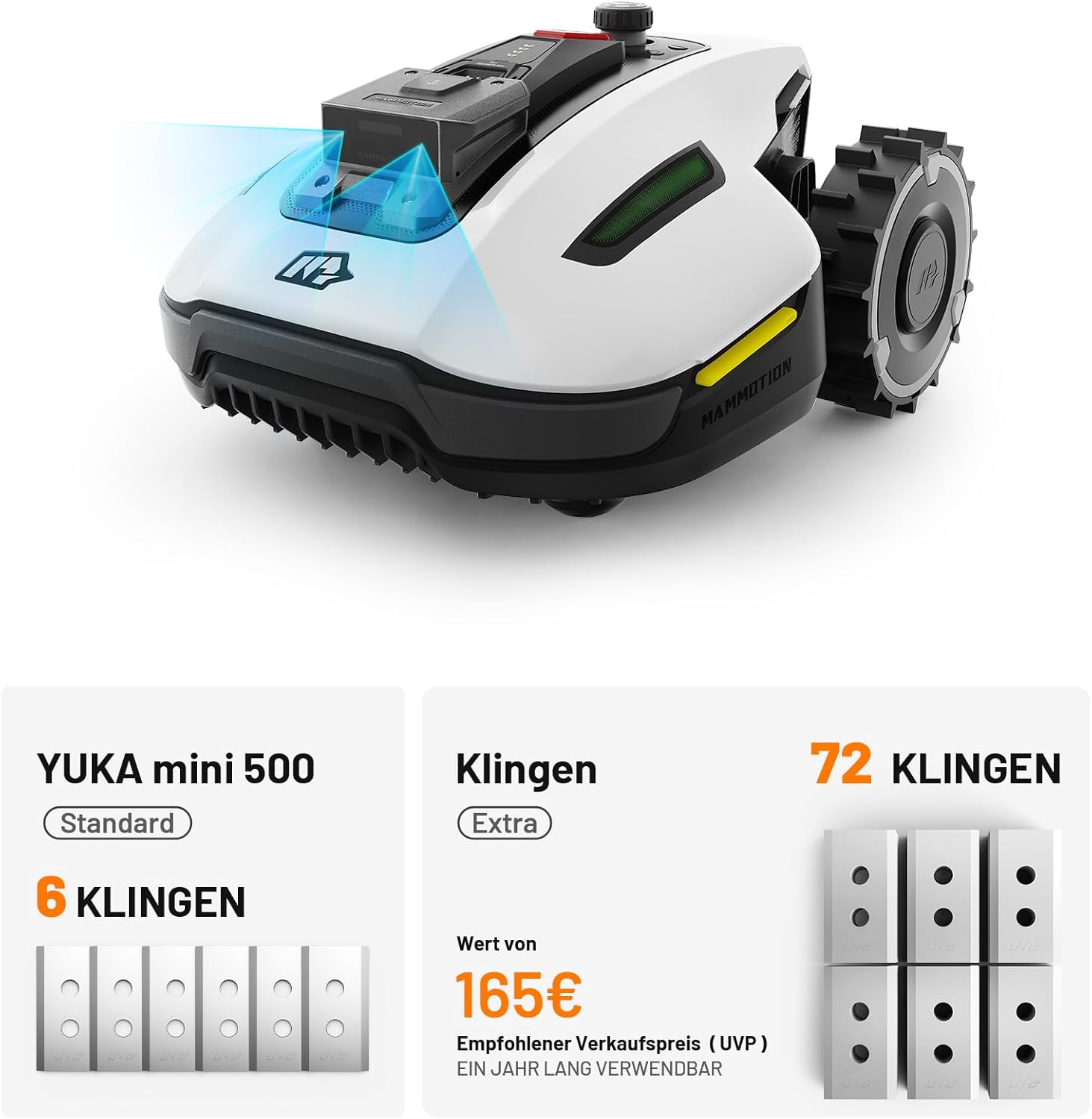 MAMMOTION YUKA Mini 500 Mähroboter ohne Begrenzungskabel, NetRTK+Vision, Keine RTK-Antenne erforderlich, Auto-Kartierung, Empf. 500m², Max. 700m², mit 4G-Modul, 50% Steigung