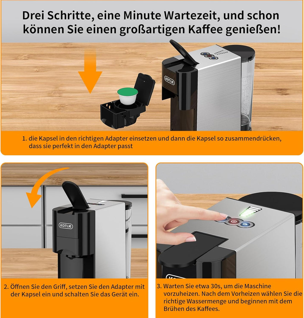 KOTLIE AC-513HF 5 in 1 Kaffeemaschine für NES/DG/a modo mio/Gemahlener Kaffee/ESE(44mm), Höhe für große Tassen (Schwarz)