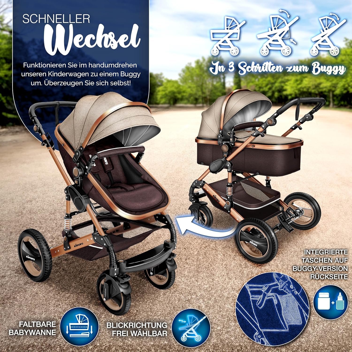 KIDUKU® Set completo passeggino 3 in 1 | Set passeggino combinato con navicella e sedile sportivo passeggino e seggiolino auto ovetto sacco a pelo | Ruote in gomma piena borsa per il cambio scaldamani parapioggia tavolino ECE R129