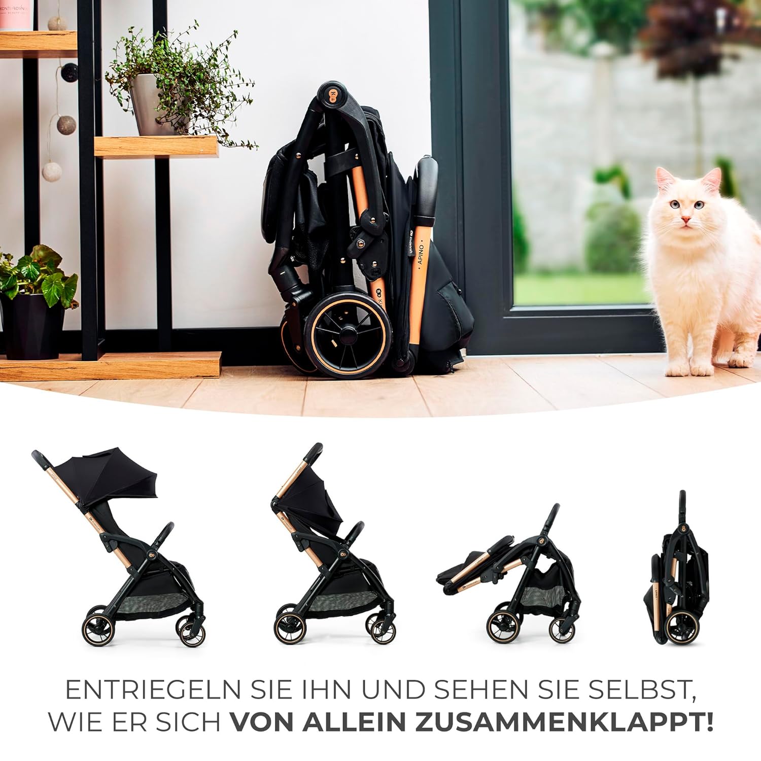 Kinderkraft APINO Buggy bis 22 kg, Liegebuggy, Kinderwagen, Leicht - 7,5kg, Automatisches zusammeklappen, Verstellbare Rückenlehne bis zur Liegeposition, ideal für Reisen, Beige