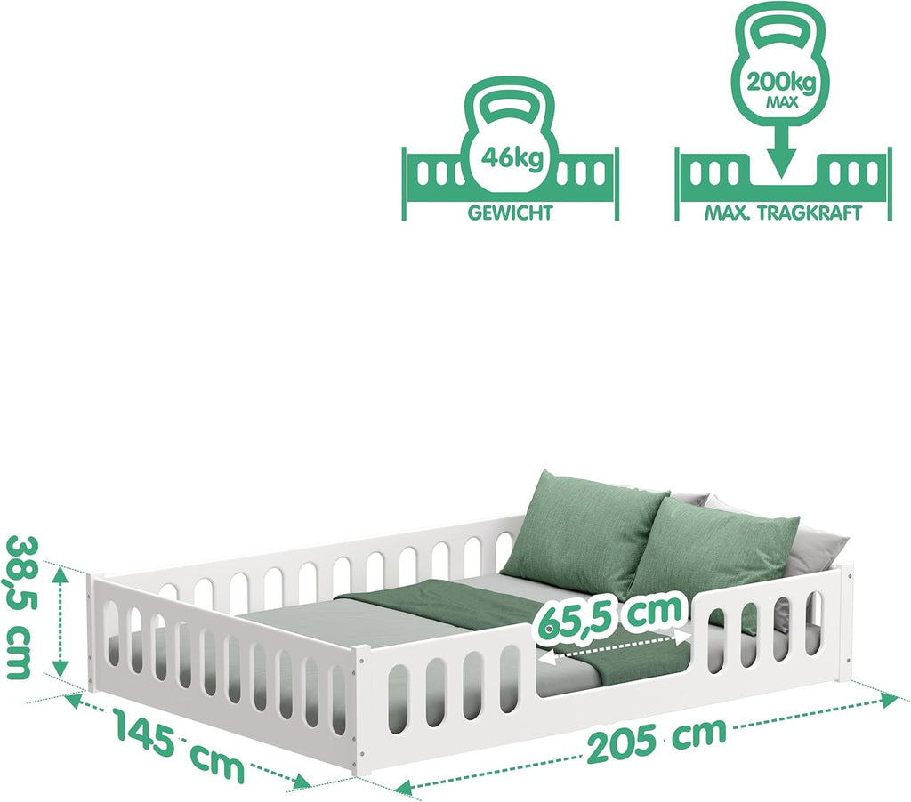 CADANI Monte Letto a terra 2in1 140x200 cm Lettino Montessori con sponda di protezione rimovibile - bianco, 46 kg, portata fino a 200 kg, rete a doghe arrotolabile extra robusta, trasformabile