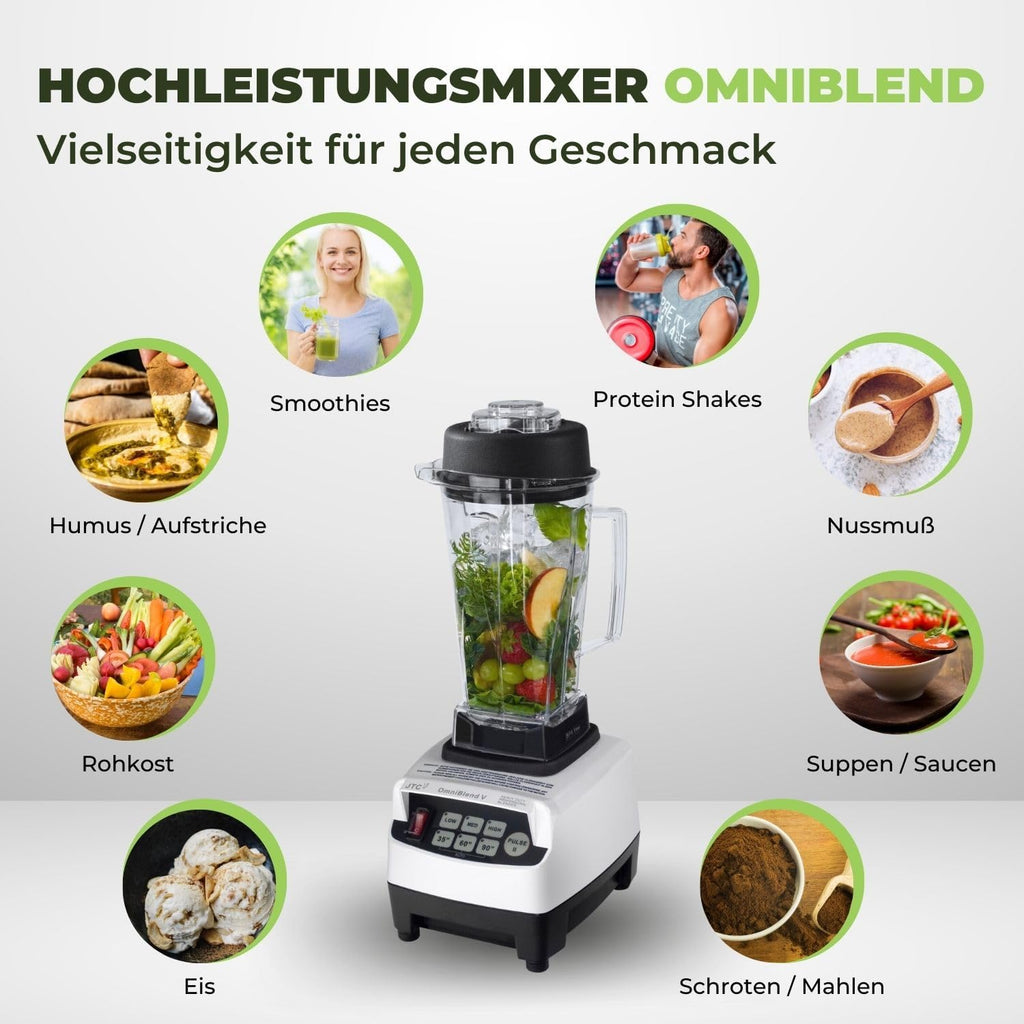 OmniBlend Smoothie Maker 2L in schwarz I Smoothie Mixer inkl. BPA-freiem Behlter & 6-Klingen-System aus Edelstahl I Mixer Smoothie Maker ideal für grüne Smoothies I Standmixer mit 3 PS Motor