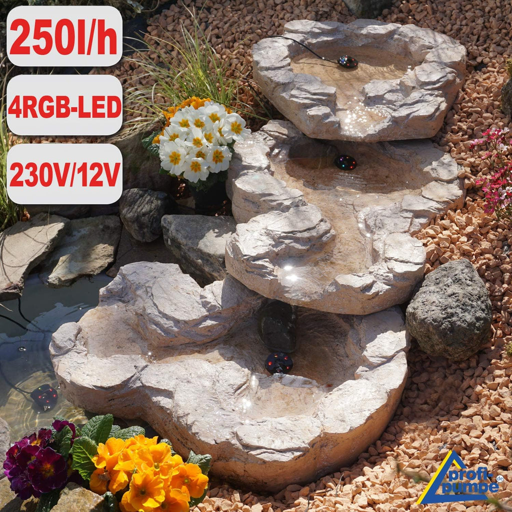 Fontana solare da giardino Bachlauf QUELLBACH II con luce LED/sistema ibrido, FONTANA ORNAMENTALE a 230V, BAGNO PER UCCELLI, CASCATA, LAMPADA DA GIARDINO, POMPA PER STAGNO - GIOCO D'ACQUA per giardino, laghetto da giardino, laghetto