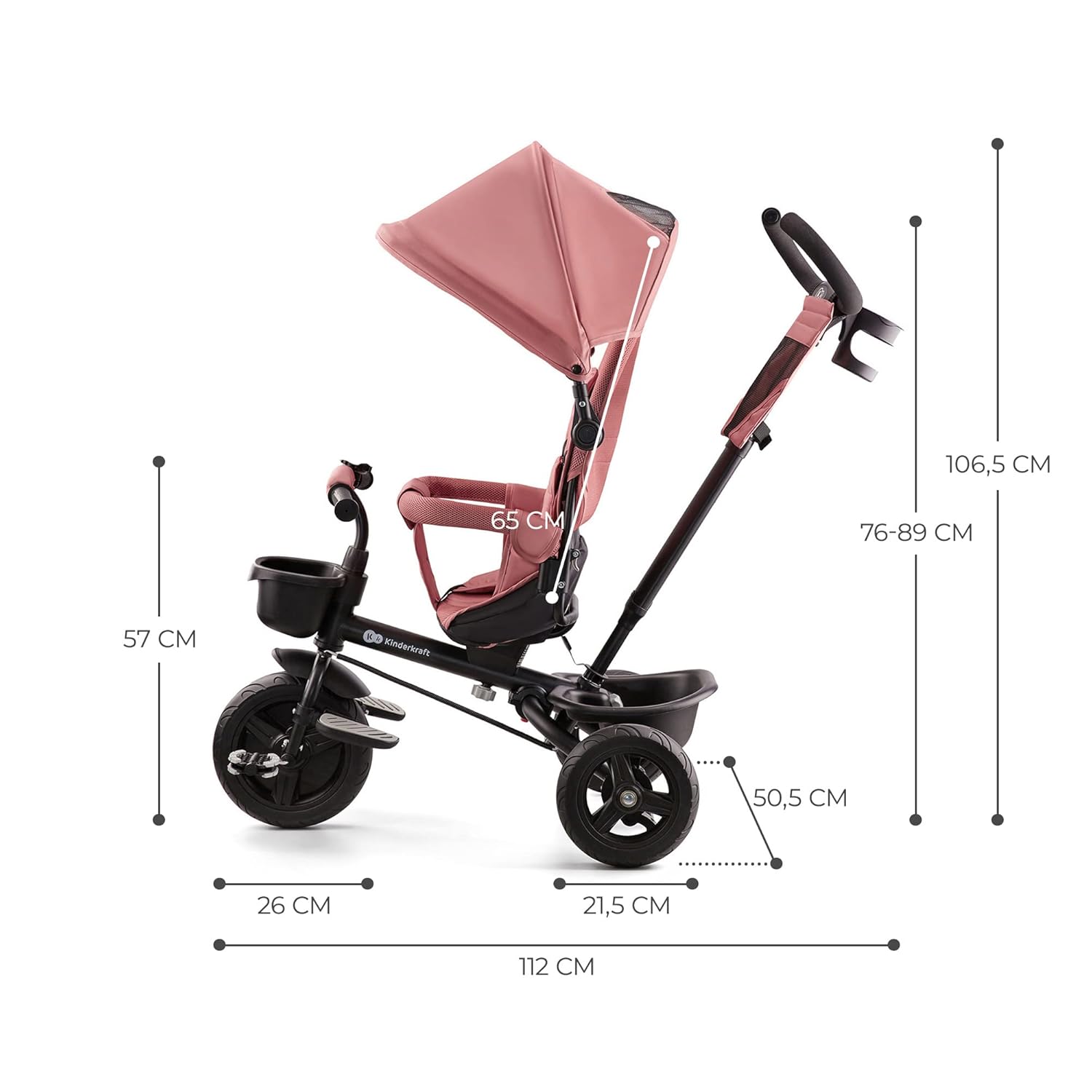 Kinderkraft AVEO Dreirad ab 9 Monate bis 25 kg, Kinderdreirad mit schubstange, Kompakte zusammenklappen, drehbarer Sitz, ausklappbarem Verdeck mit sonnenschutz, Getränkehalter korb im set, Rosa