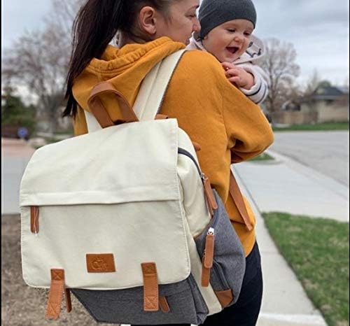 Cutie Tragetasche für Babys, Wickeltasche, Rucksack, Bio-Baumwolle, wasserdicht, mehrere Taschen, isoliert, mit gepolsterten Schultergurten, inklusive Kinderwagenriemen, cremefarben,Grau