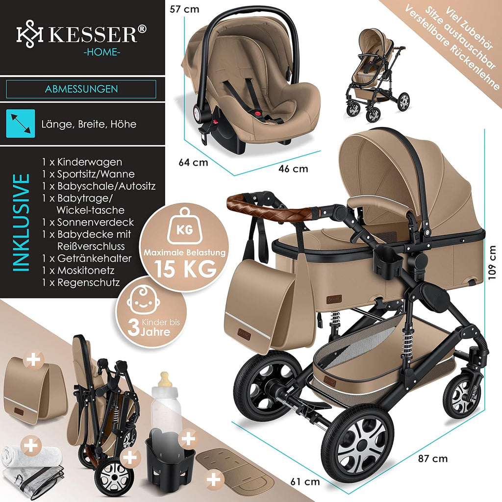 KESSER Loops 3 in 1 Passeggino Combinato, Set Completo con Navicella, Seduta Sportiva Buggy e Seggiolino Auto Ovetto, Gomme Piene, Borsa Fasciatoio, Parapioggia, Tavolino, ECE R129, Nero/Champagne
