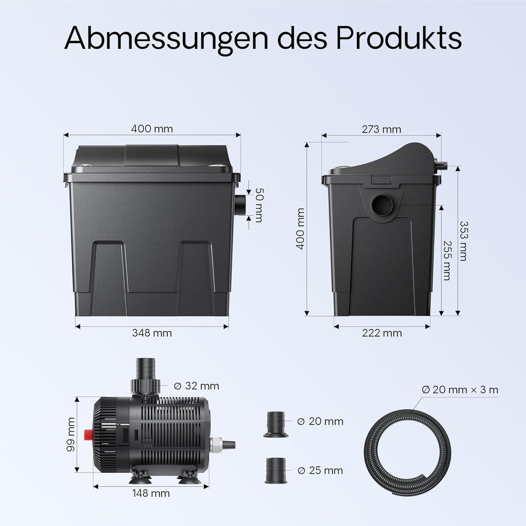 SunSun CBF-200T Bioteichfilter Komplettset mit 9W UVC Klärer, Teichpumpe 2300 l/h 35W, Thermometer und Filtermedien, Filteranlage Bio Teichfilter