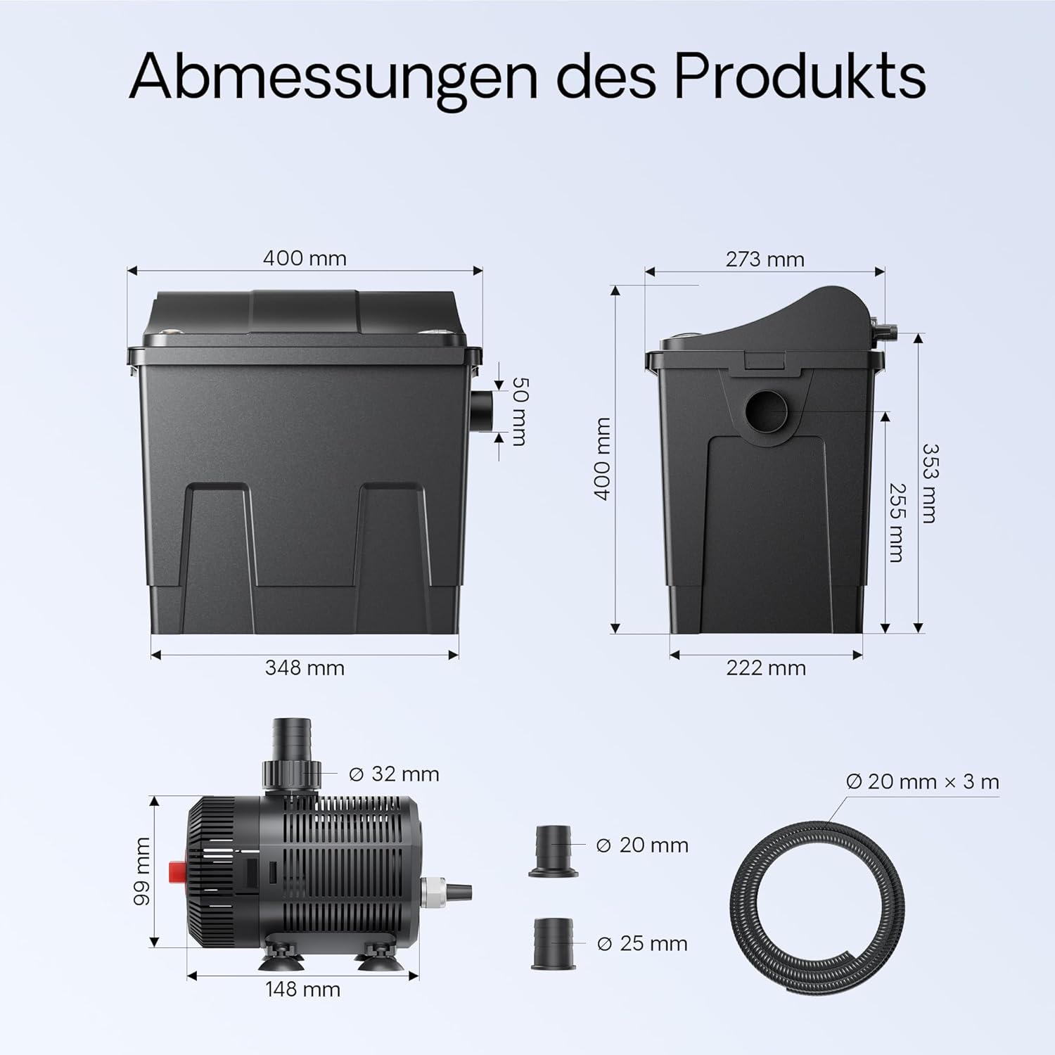 SunSun CBF-200T Bioteichfilter Komplettset mit 9W UVC Klärer, Teichpumpe 2300 l/h 35W, Thermometer und Filtermedien, Filteranlage Bio Teichfilter