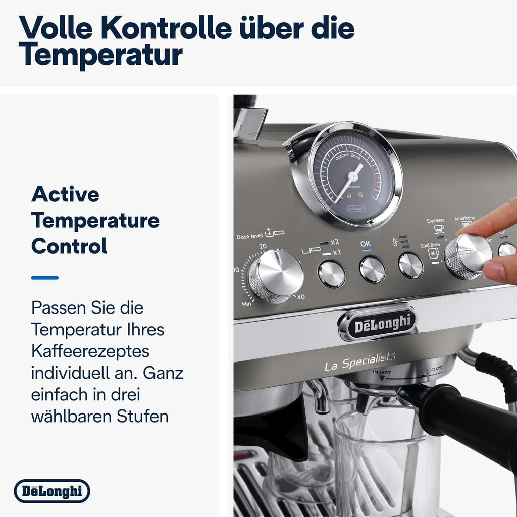 De'Longhi La Specialista Arte EC9155.MB Macchina da Caffè Espresso con Macinacaffè, 8 Livelli di Macinatura, 15 Bar, 3 Temperature, Lancia Vapore, 1300 W, Serbatoio 1.5 l, Acciaio Inox/Nero incluso Barista-Kit