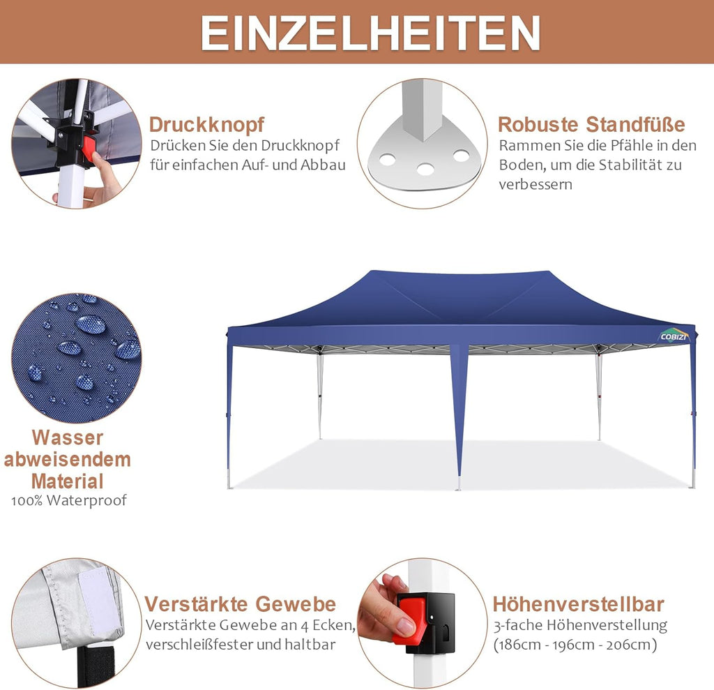 COBIZI Gazebo Pieghevole 3x6 Impermeabile Stabile con 6 Pareti Laterali, Tenda a Padiglione con Tetto a Punta, 3 Altezze Regolabili, Protezione UV, Borsa per Il Trasporto, Picchetti, Corde per Giardino, Matrimoni, Mercati, Eventi all'Aperto