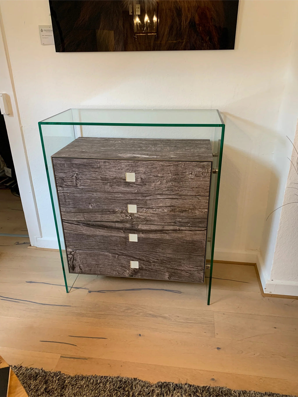 Dreieck Design Kommode Fusion Wood 4 Schübe, Glas, Fichte Vintage grau