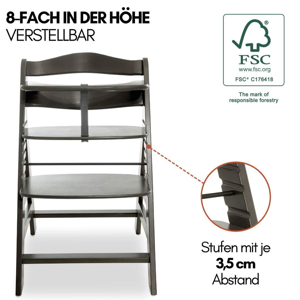 hauck Alpha Plus Newborn Set mit Premium Bouncer Dark Grey - Baby Holz Hochstuhl ab Geburt mit Liegefunktion - extra flacher Aufsatz für Neugeborene & Baumwoll Sitzpolster - Grau