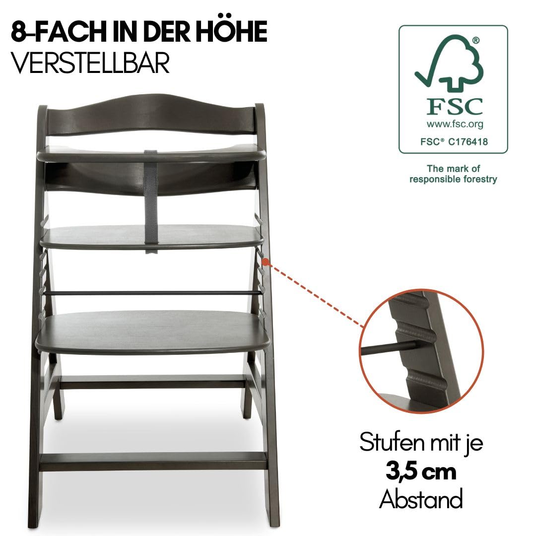 hauck Alpha Plus Newborn Set mit Premium Bouncer Dark Grey - Baby Holz Hochstuhl ab Geburt mit Liegefunktion - extra flacher Aufsatz für Neugeborene & Baumwoll Sitzpolster - Grau