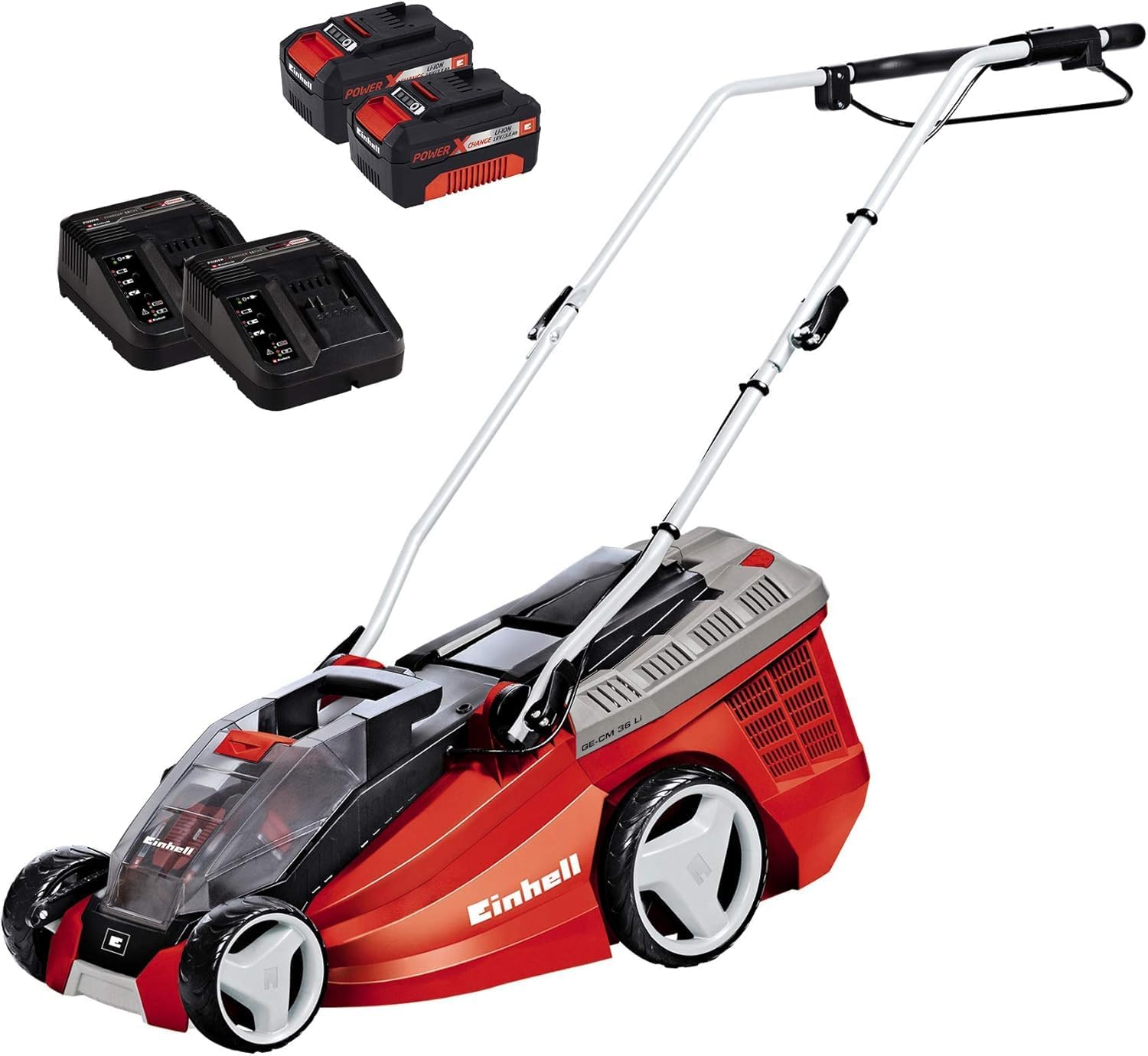 Tagliaerba a batteria Einhell GE-CM 36 Li Kit Power X-Change (36 V, larghezza di taglio 36 cm, fino a 350 m², motore brushless, sacco di raccolta 40 L, altezza di taglio 25-75 mm, incl. 2 batterie da 3,0 Ah e 2 caricabatterie)