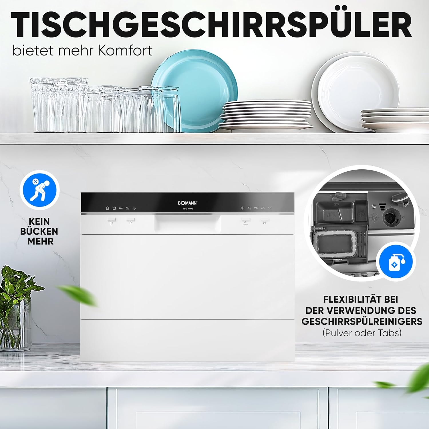 Bomann Mini lavastoviglie con attacco per l'acqua | incl. tubo flessibile | Lavastoviglie da tavolo silenziosa | Mini lavastoviglie per piccole cucine/campeggio | Lavastoviglie piccola con protezione anti-trabocco | TSG 7405 bianco