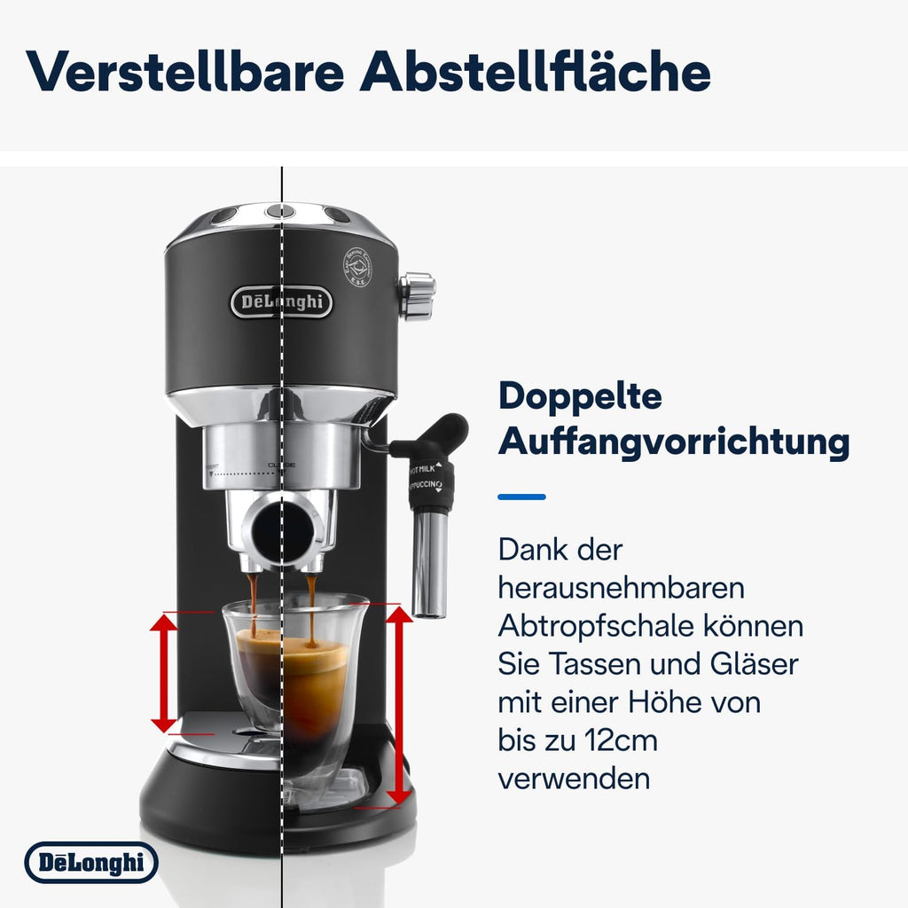 De'Longhi Dedica Style EC 685.M – Macchina da caffè espresso con portafiltro, con montalatte professionale, larga solo 15 cm, per caffè in polvere o cialde ESE, serbatoio dell'acqua da 1 l, argento