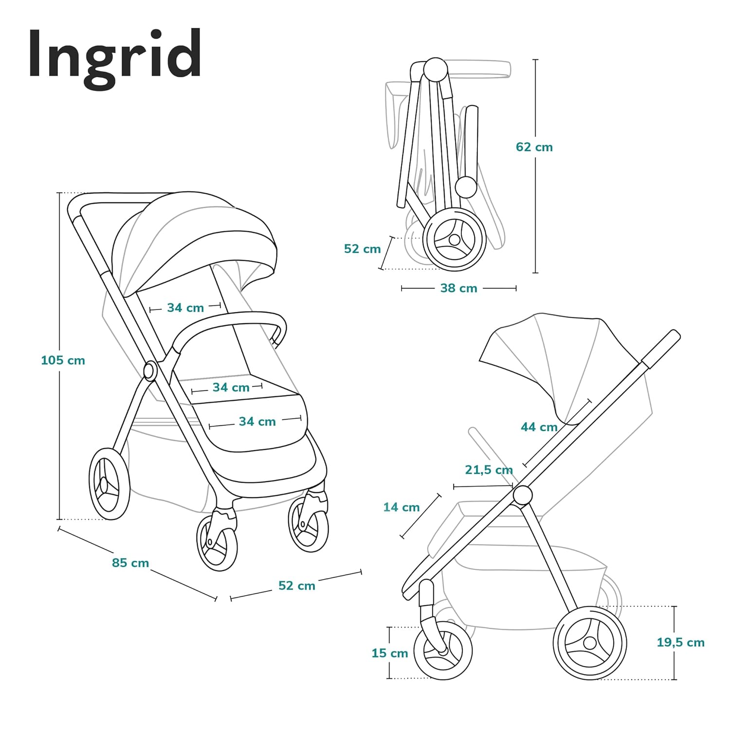 LIONELO INGRID Kinderwagen bis 22 kg von 6 Monaten bis 4 Jahren Große 360° schwenkbare Räder Volle Federung Einhändig zusammenklappbar Verstellbare Rückenlehne und Fußstütze Großes XXL-Verdeck