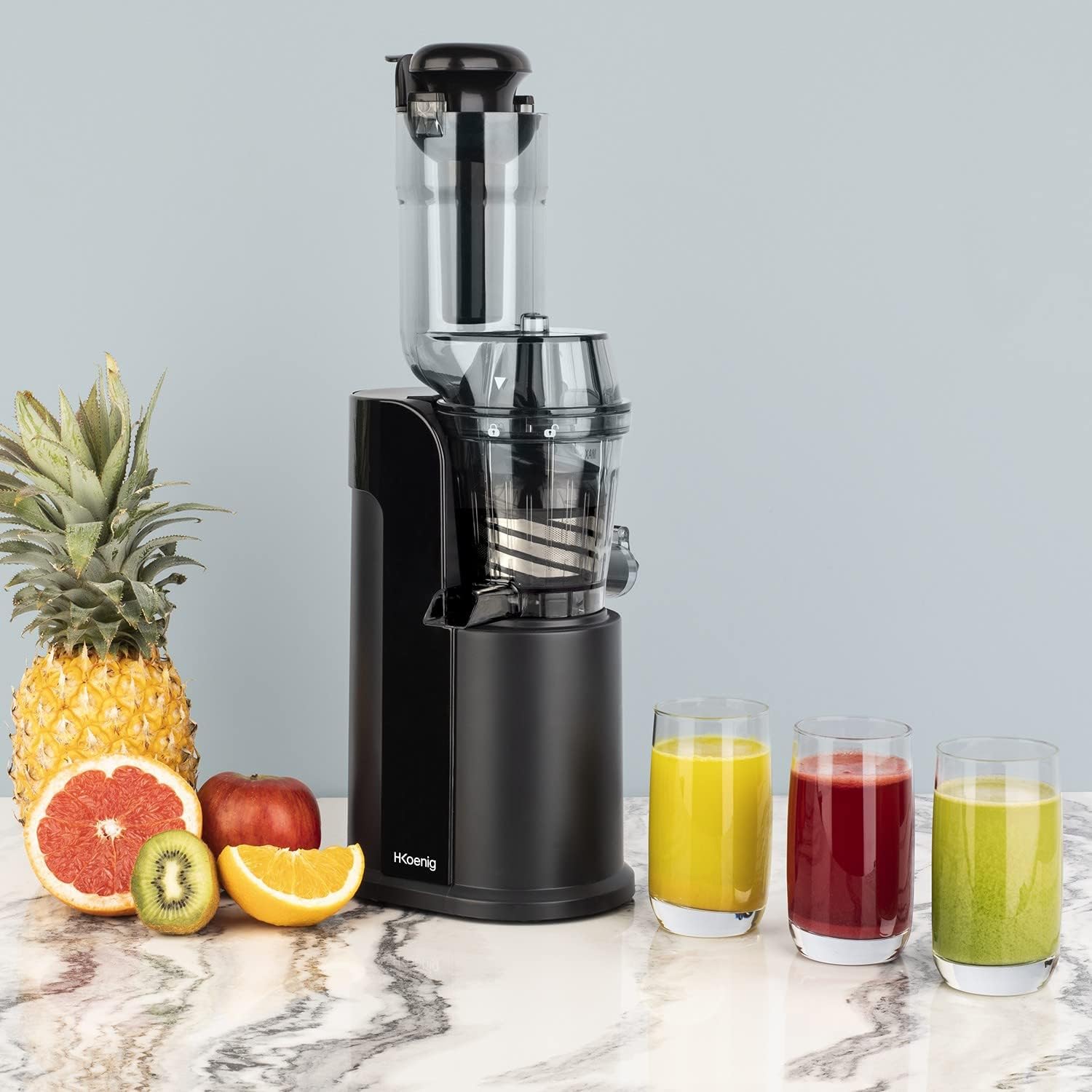 H.Koenig GSX22 Estrattore di succo / 1 L / 3 filtri per sorbetto, succo denso, succo leggero / Contenitore per polpa / Lavabile in lavastoviglie / Acciaio inossidabile /, Nero