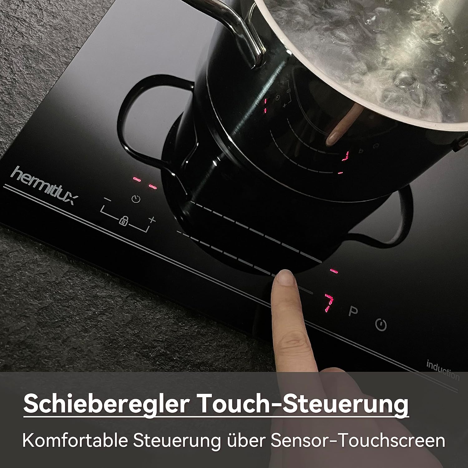 Induktionskochfeld 60cm, Eingebautes Schwarzes elektrisches Kochfeld, mit 4 Kochzonen, 9 Leistungsstufen, Geeignet für Eisen- und Edelstahltpf