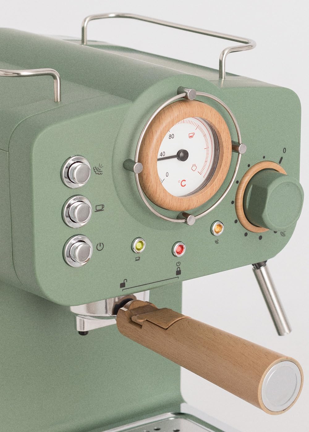 CREATE / THERA RETRO/Macchina da caffè espresso semiautomatica Rosa Pastello Opaco e Legno / Pompa a pressione 20bar, 1100W, Serbatoio acqua 1.25L, per caffè macinato, cialde ESE 55mm, con vaporizzatore, 1100W