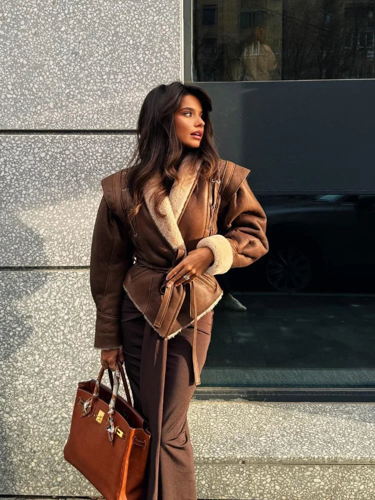 Brown Leather Jacket With Fur And Belt