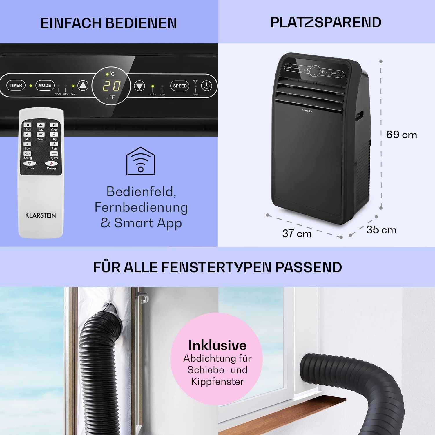 Klarstein Climatizzatore Portatile con Tubo di Scarico, Condizionatore 4-in-1 con Ventilatore, Deumidificatore e Modalità Notturna, Piccolo e Portatile per Casa e Ufficio, Controllo tramite App, 12000 BTU